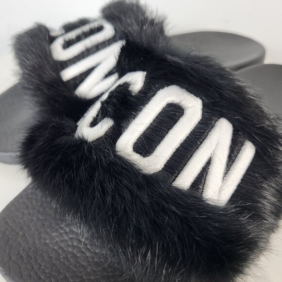 NWB~$825~DSQUARED2~7.5/8~ICON BLACK WHITE GENUINE  RABBIT FUR SANDALS SLIDES - Picture 4 of 16